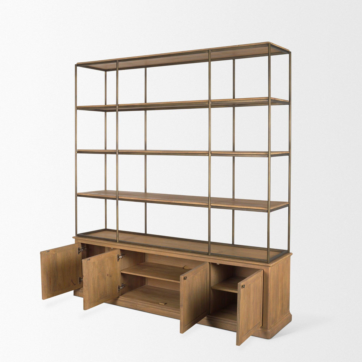 Mercana Braxton Light Brown Wood w/ Antiqued Brass Metal 3 Tiers 2 Door Shelving Unit