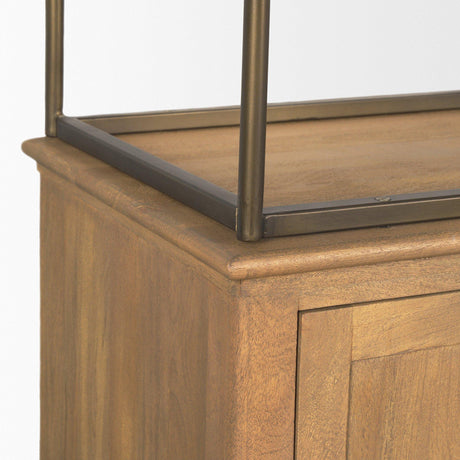 Mercana Braxton Light Brown Wood w/ Antiqued Brass Metal 3 Tiers 2 Door Shelving Unit