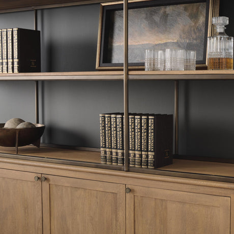 Mercana Braxton Light Brown Wood w/ Antiqued Brass Metal 3 Tiers 2 Door Shelving Unit