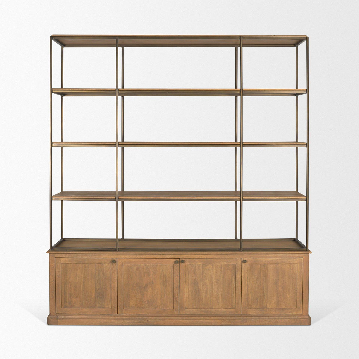Mercana Braxton Light Brown Wood w/ Antiqued Brass Metal 3 Tiers 2 Door Shelving Unit