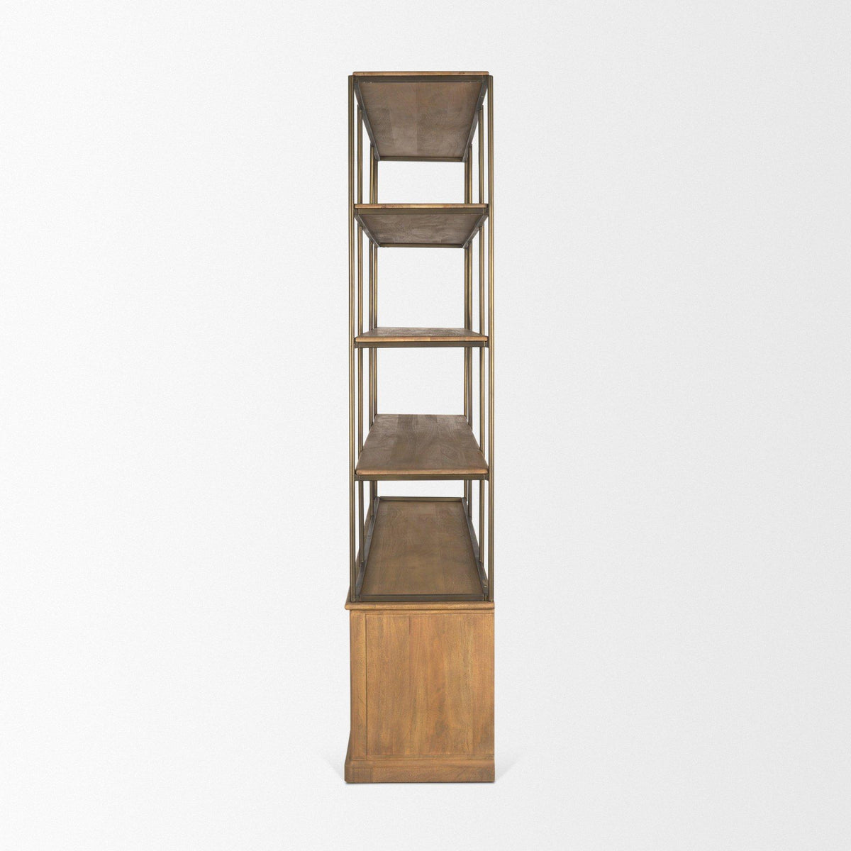 Mercana Braxton Light Brown Wood w/ Antiqued Brass Metal 3 Tiers 2 Door Shelving Unit