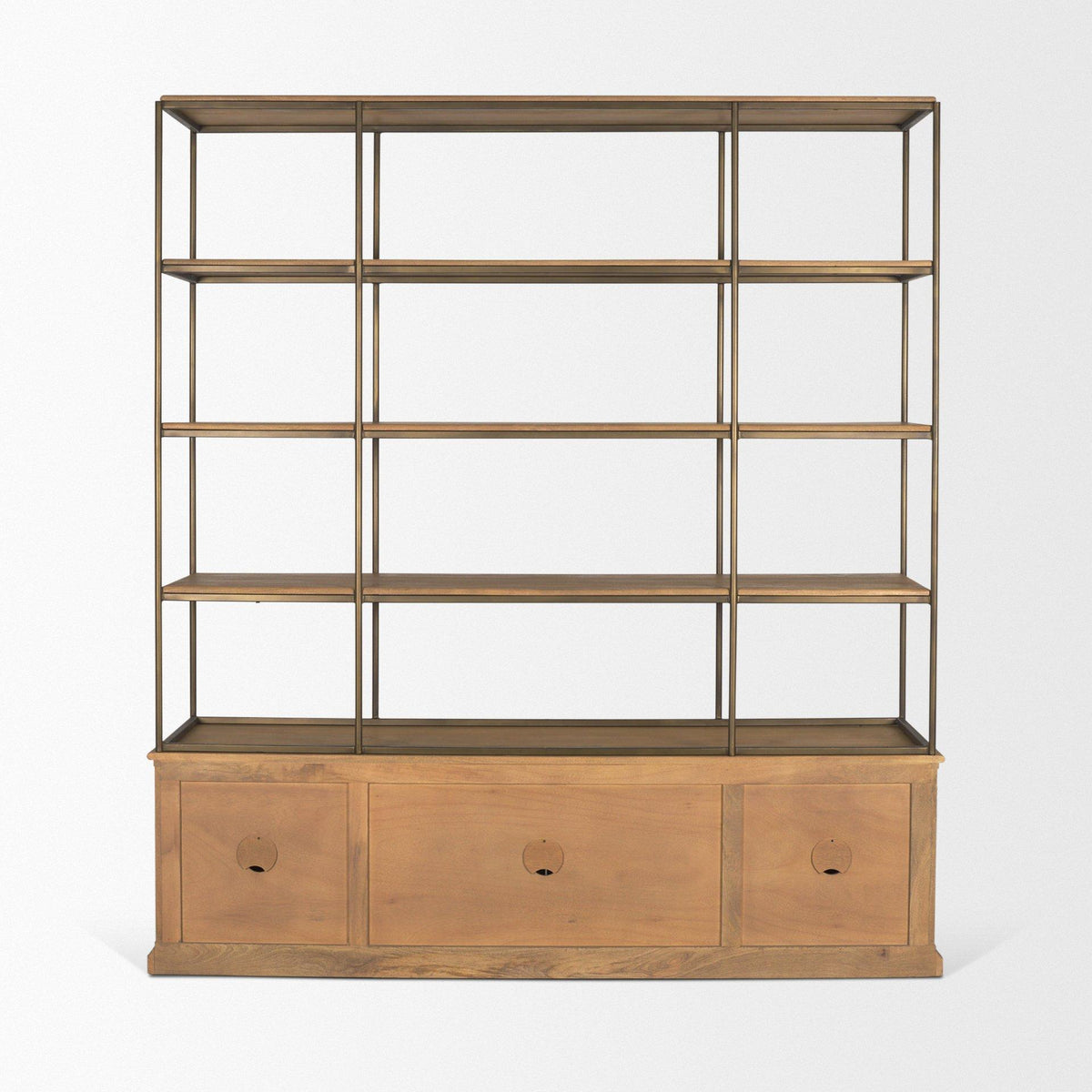 Mercana Braxton Light Brown Wood w/ Antiqued Brass Metal 3 Tiers 2 Door Shelving Unit