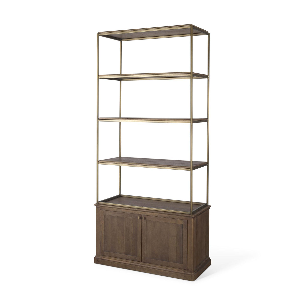 Mercana Braxton Dark Brown Wood w/ Antiqued Aged Brass Metal 3 Tiers 2 Door Shelving Unit