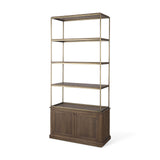 Mercana Braxton Dark Brown Wood w/ Antiqued Aged Brass Metal 3 Tiers 2 Door Shelving Unit