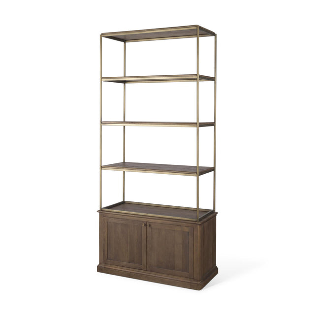 Mercana Braxton Dark Brown Wood w/ Antiqued Aged Brass Metal 3 Tiers 2 Door Shelving Unit