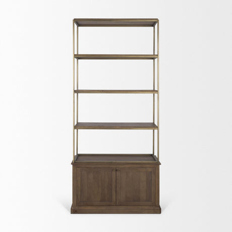Mercana Braxton Dark Brown Wood w/ Antiqued Aged Brass Metal 3 Tiers 2 Door Shelving Unit