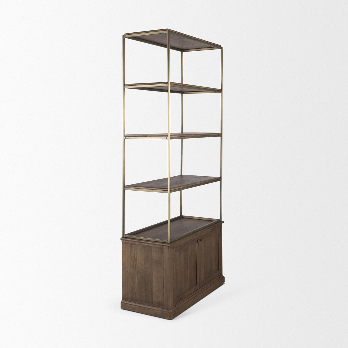 Mercana Braxton Dark Brown Wood w/ Antiqued Aged Brass Metal 3 Tiers 2 Door Shelving Unit