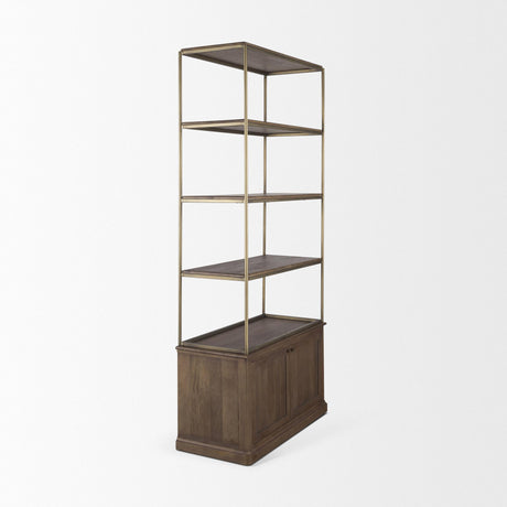 Mercana Braxton Dark Brown Wood w/ Antiqued Aged Brass Metal 3 Tiers 2 Door Shelving Unit
