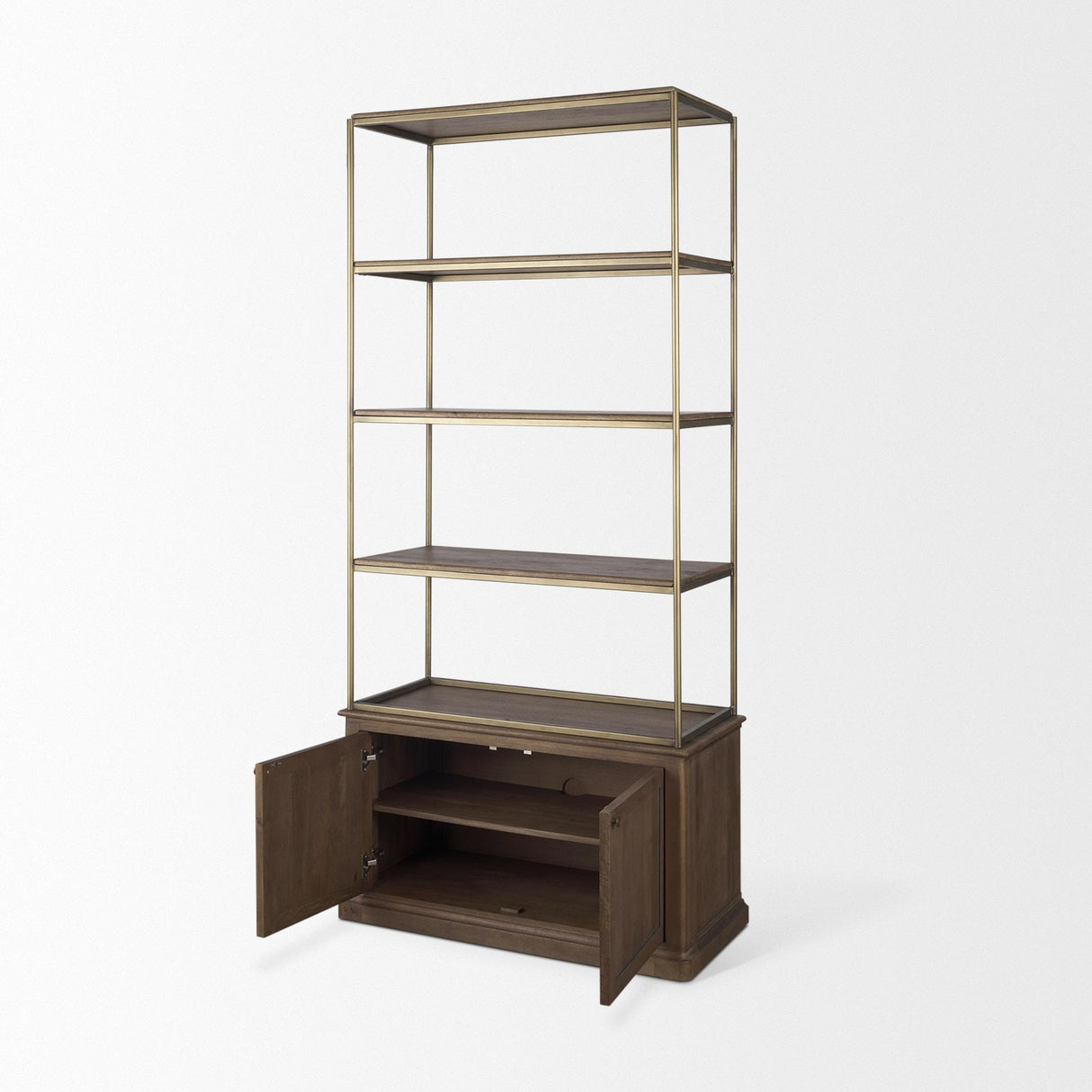 Mercana Braxton Dark Brown Wood w/ Antiqued Aged Brass Metal 3 Tiers 2 Door Shelving Unit
