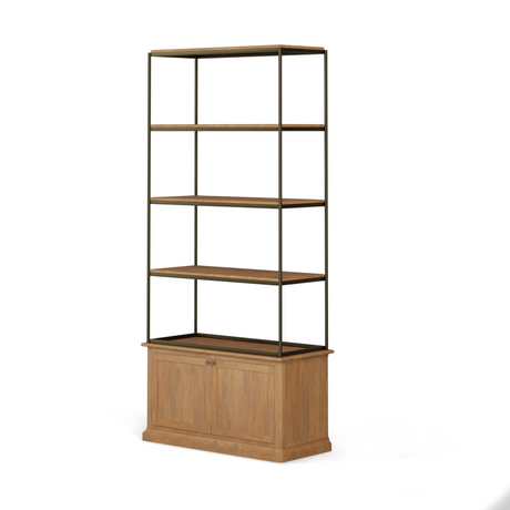 Mercana Braxton Light Brown Wood w/ Dark Aged Brass Metal Three Shelf Shelving Unit
