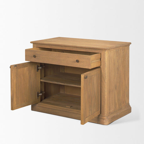 Mercana Braxton Light Brown Solid Wood w/ Gunmetal Knobs Accent Cabinet 1 Drawer 2 Doors