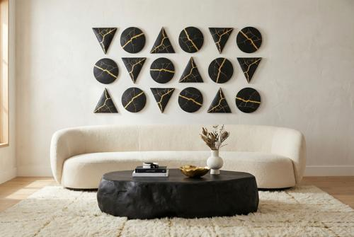Phillips Collection Rift Wall Tile, Triangle Matte Black Gold Leaf Wall Art