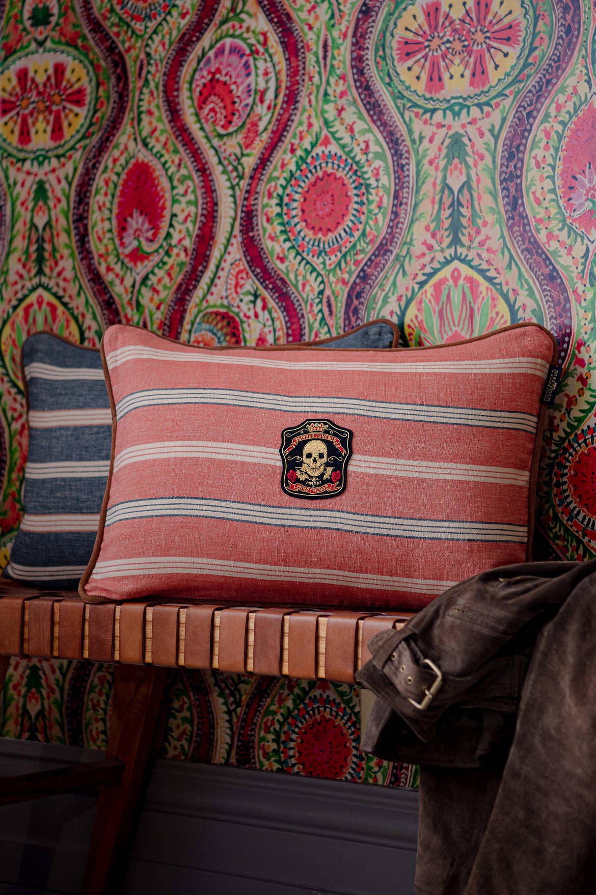 MindTheGap OREGON STRIPES Blue, Orange, Taupe Pillow