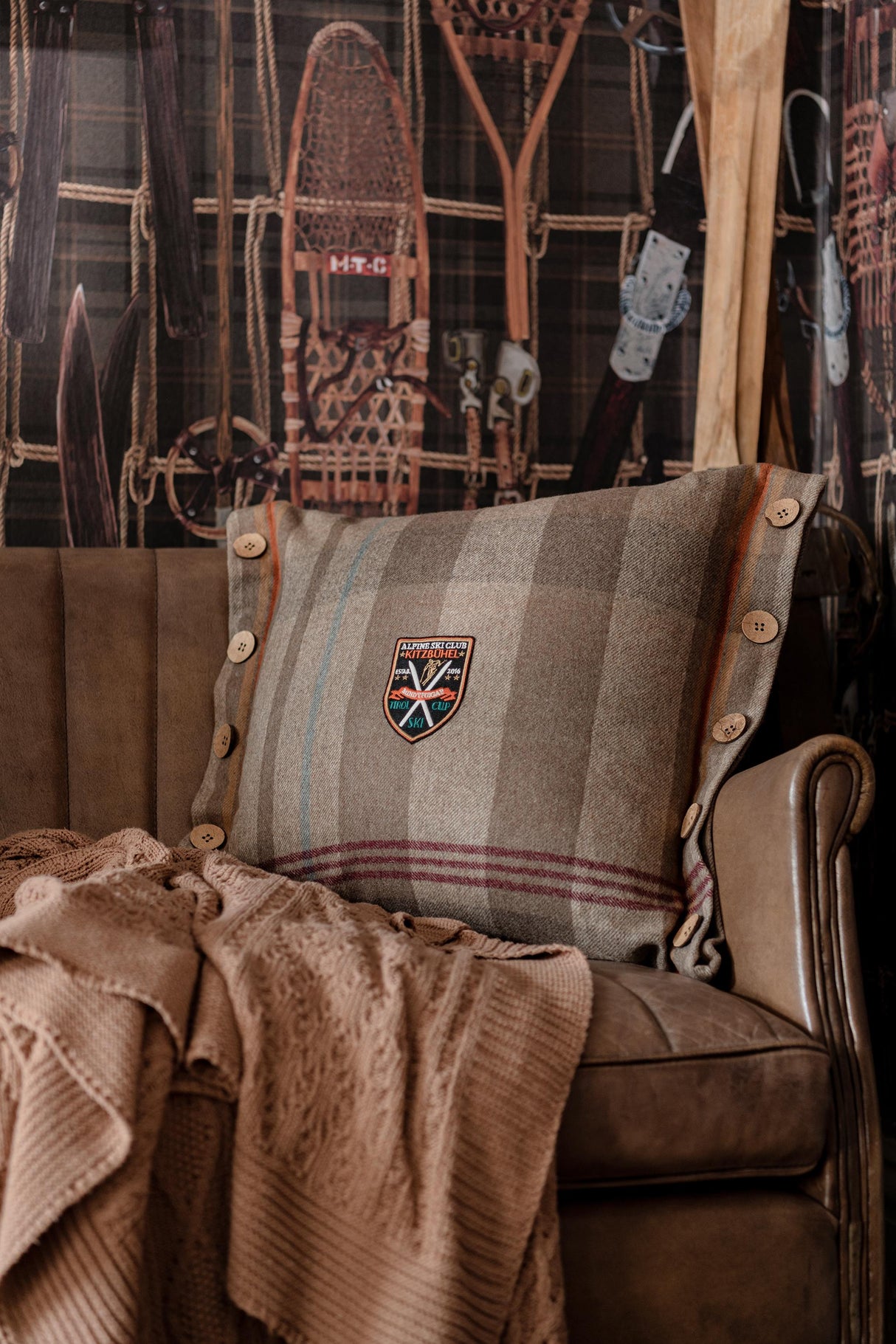 MindTheGap CHALET PLAID Brown, Mint, Orange, Taupe Pillow