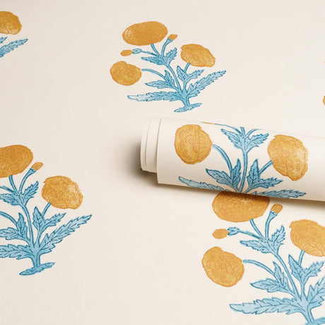 Schumacher Poppy Print Mustard & Sky Wallpaper