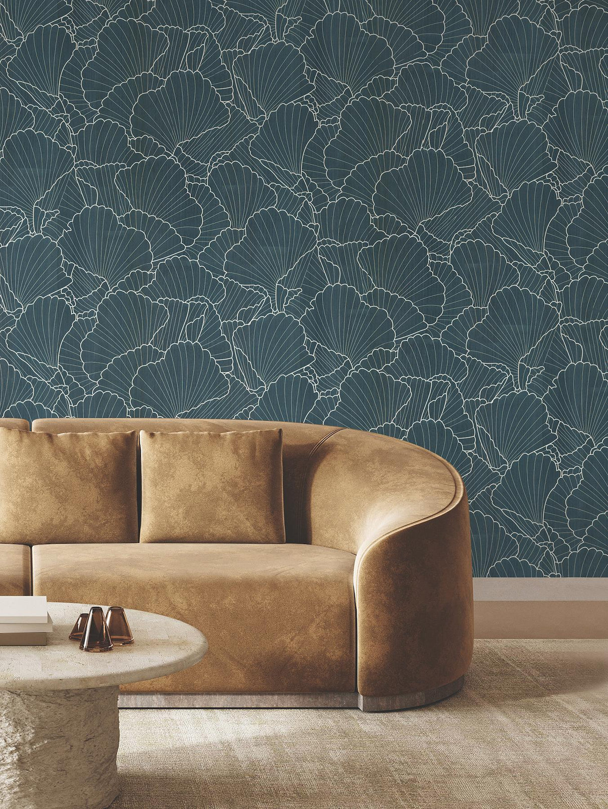 Ronald Redding Designs Shell Wood Veneer Navy Metallic Wallpaper