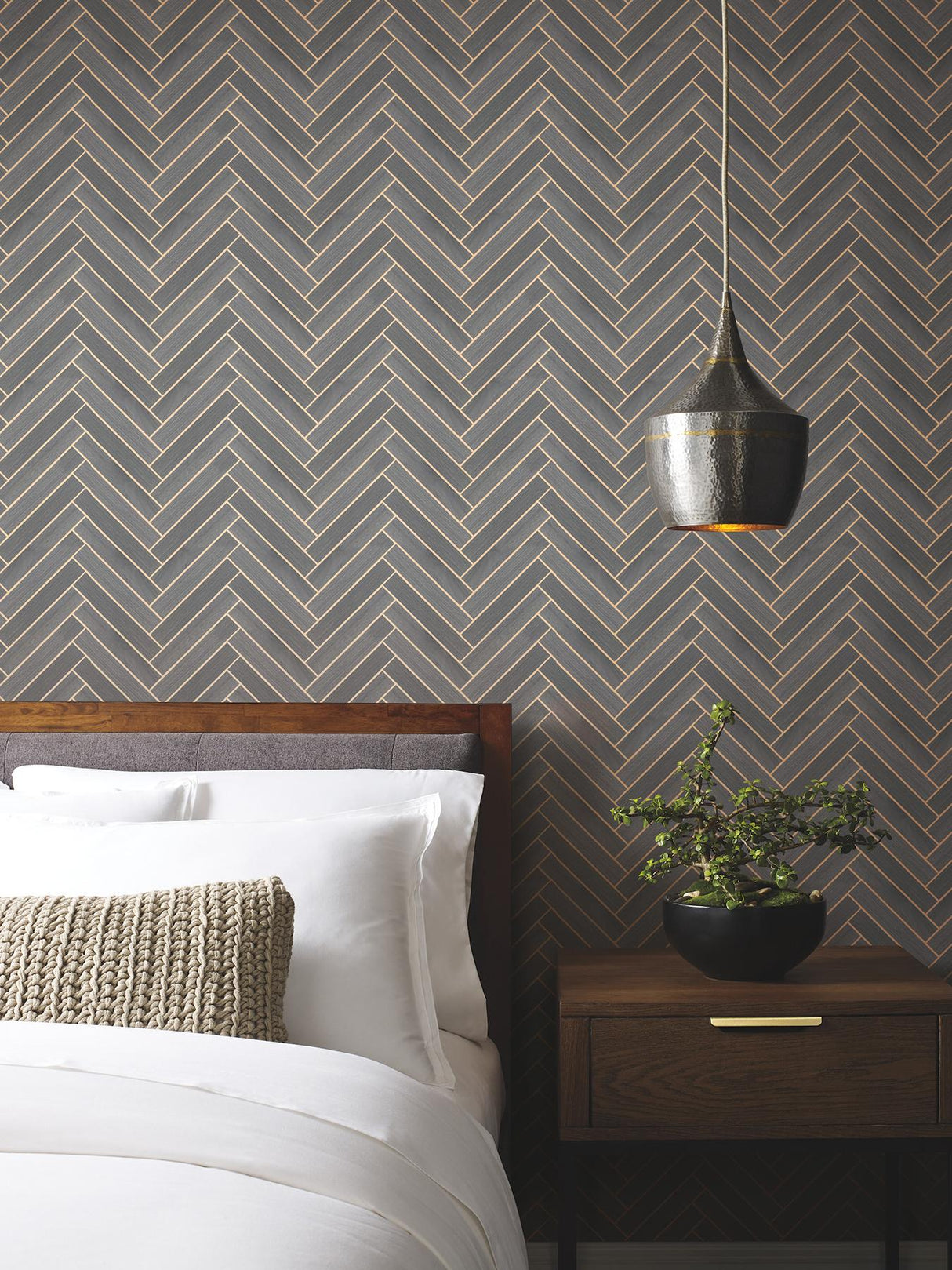 Ronald Redding Designs Herringbone Wood Veneer Graphite Wallpaper