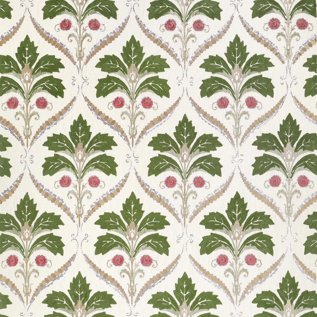 Thibaut Kendall Damask Embroidery Olive Fabric