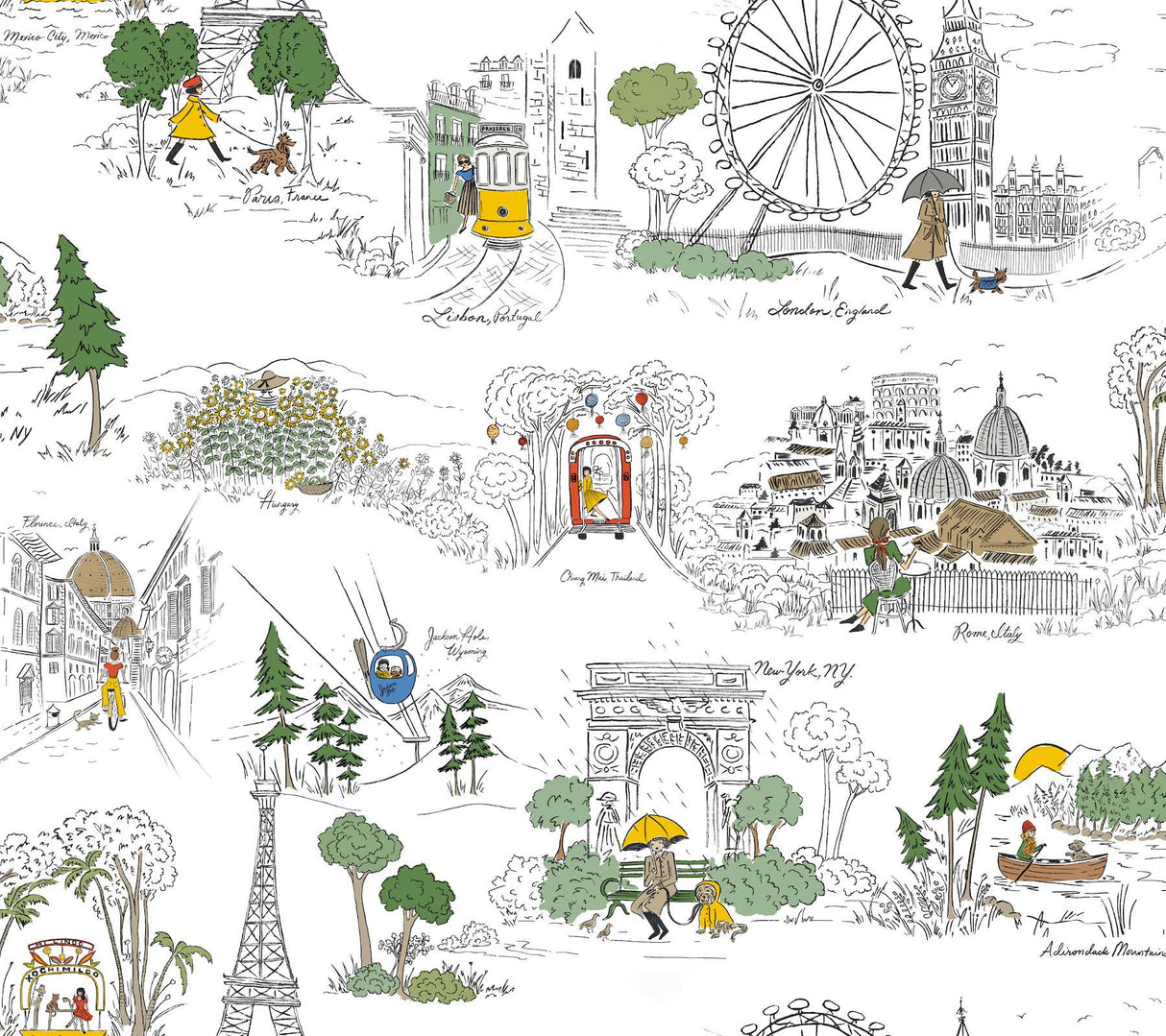 Rifle Paper Co. Travel Sketches Yellow Globetrotter Premium Peel + Stick Wallpaper