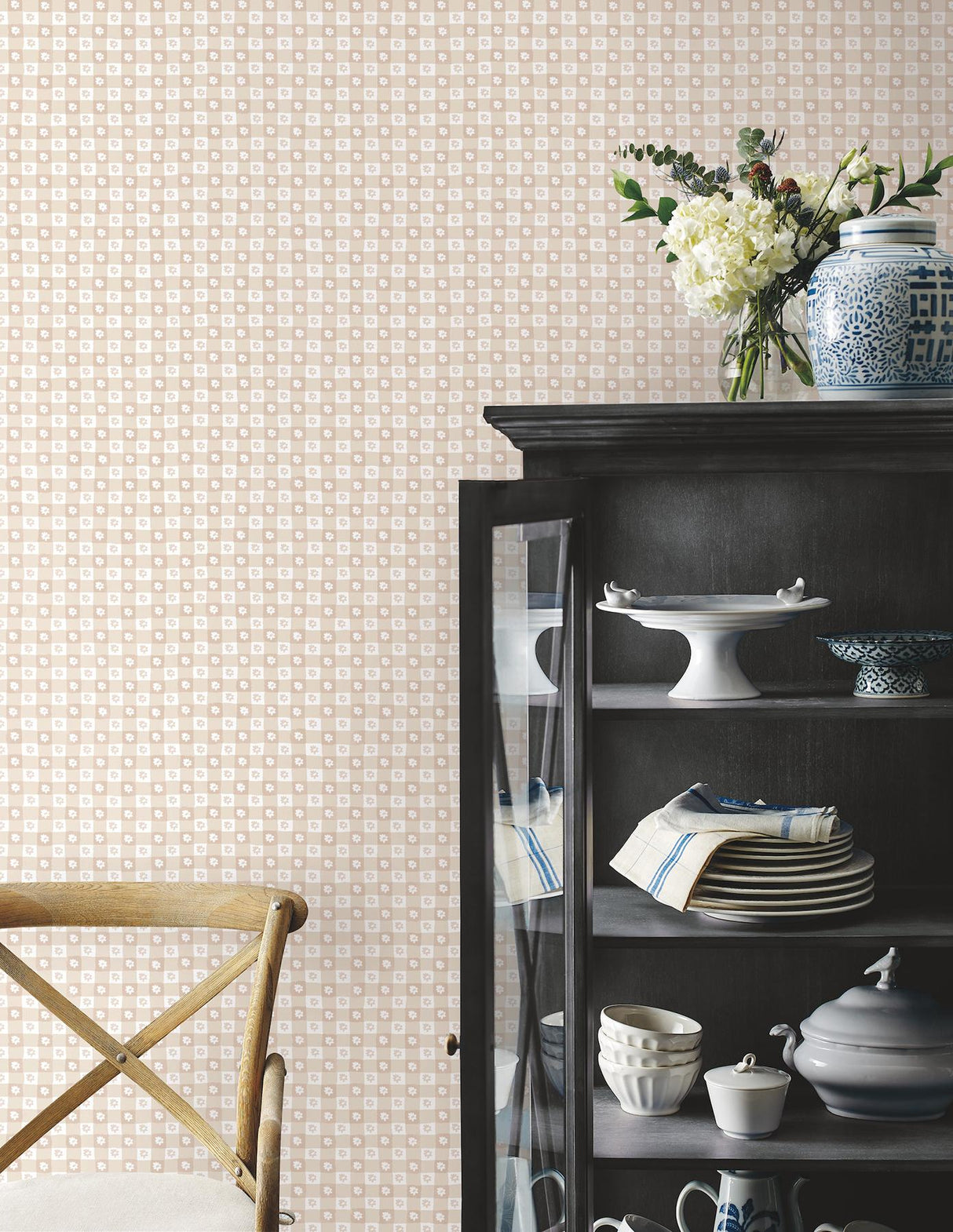 Rifle Paper Co. Daisy Gingham Blush Floral Check Premium Peel + Stick Wallpaper