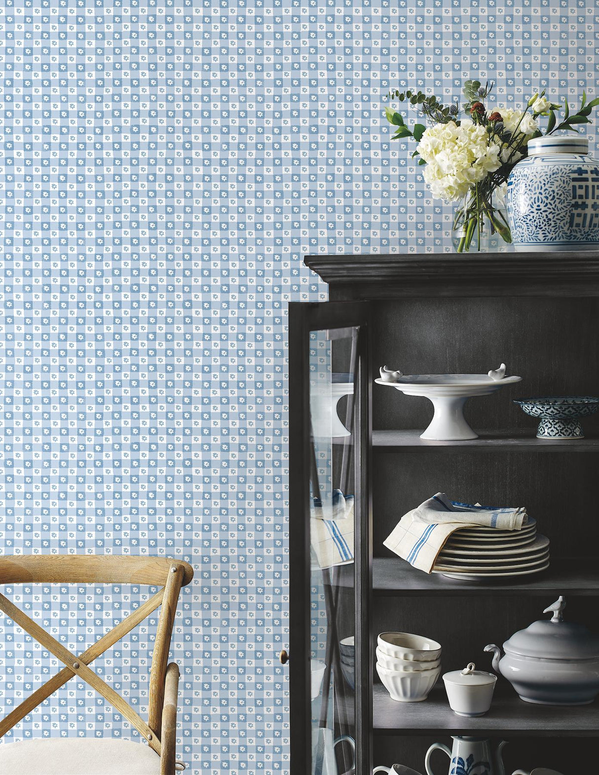 Rifle Paper Co. Daisy Gingham Blue Floral Check Premium Peel + Stick Wallpaper
