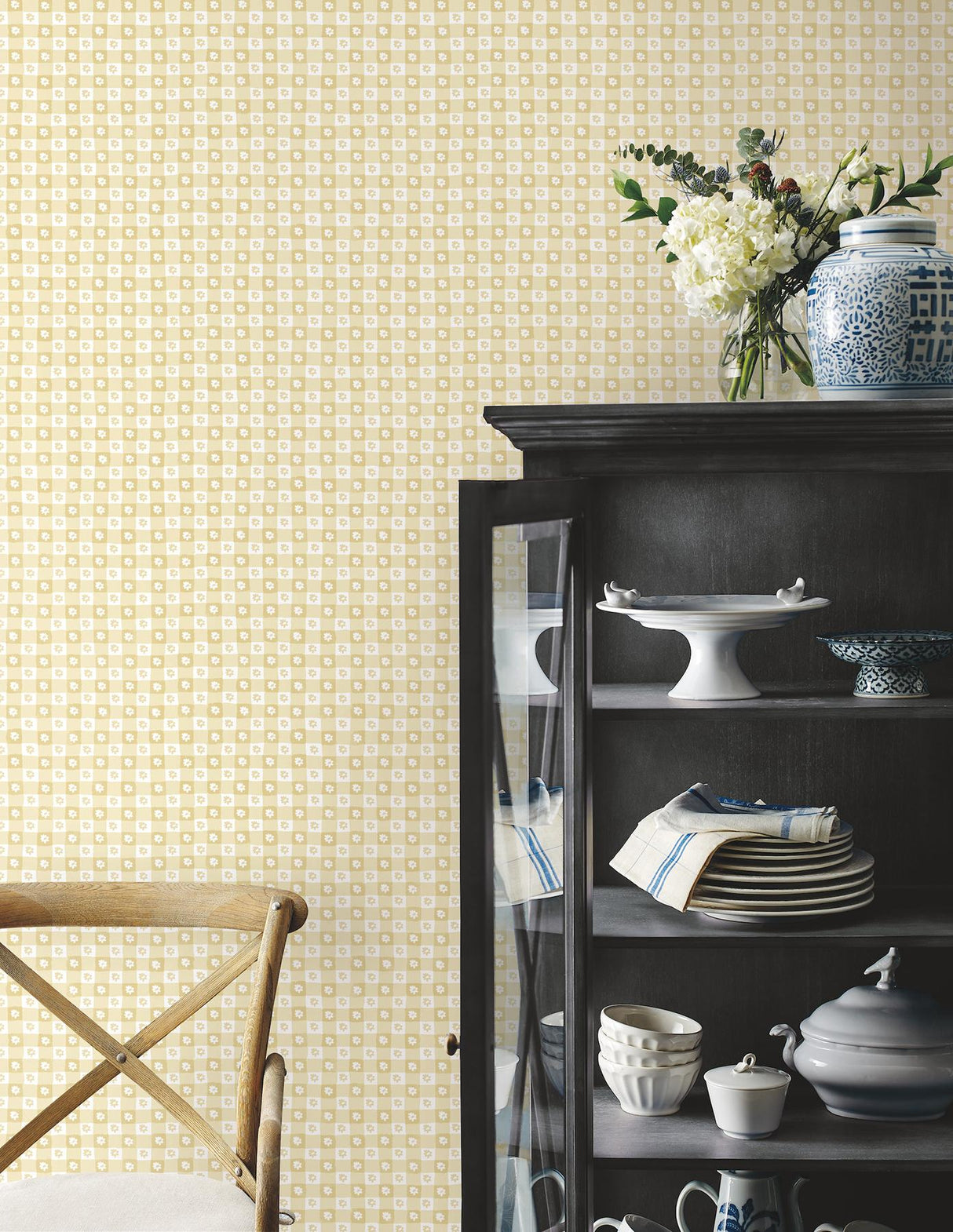 Rifle Paper Co. Daisy Gingham Yellow Floral Check Premium Peel + Stick Wallpaper