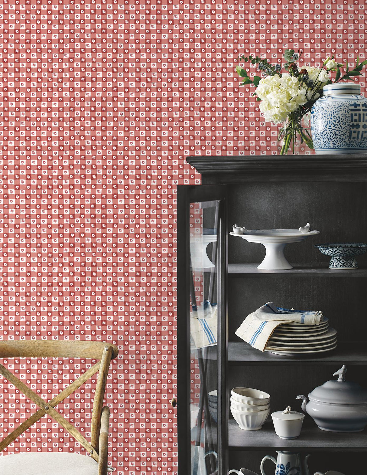 Rifle Paper Co. Daisy Gingham Red Floral Check Premium Peel + Stick Wallpaper