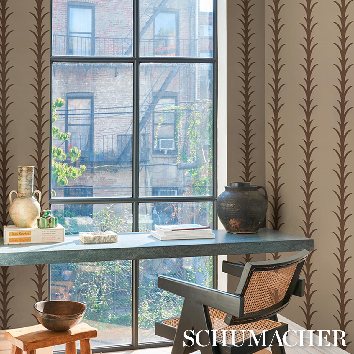 Schumacher Acanthus Stripe Brown On Beige Wallpaper