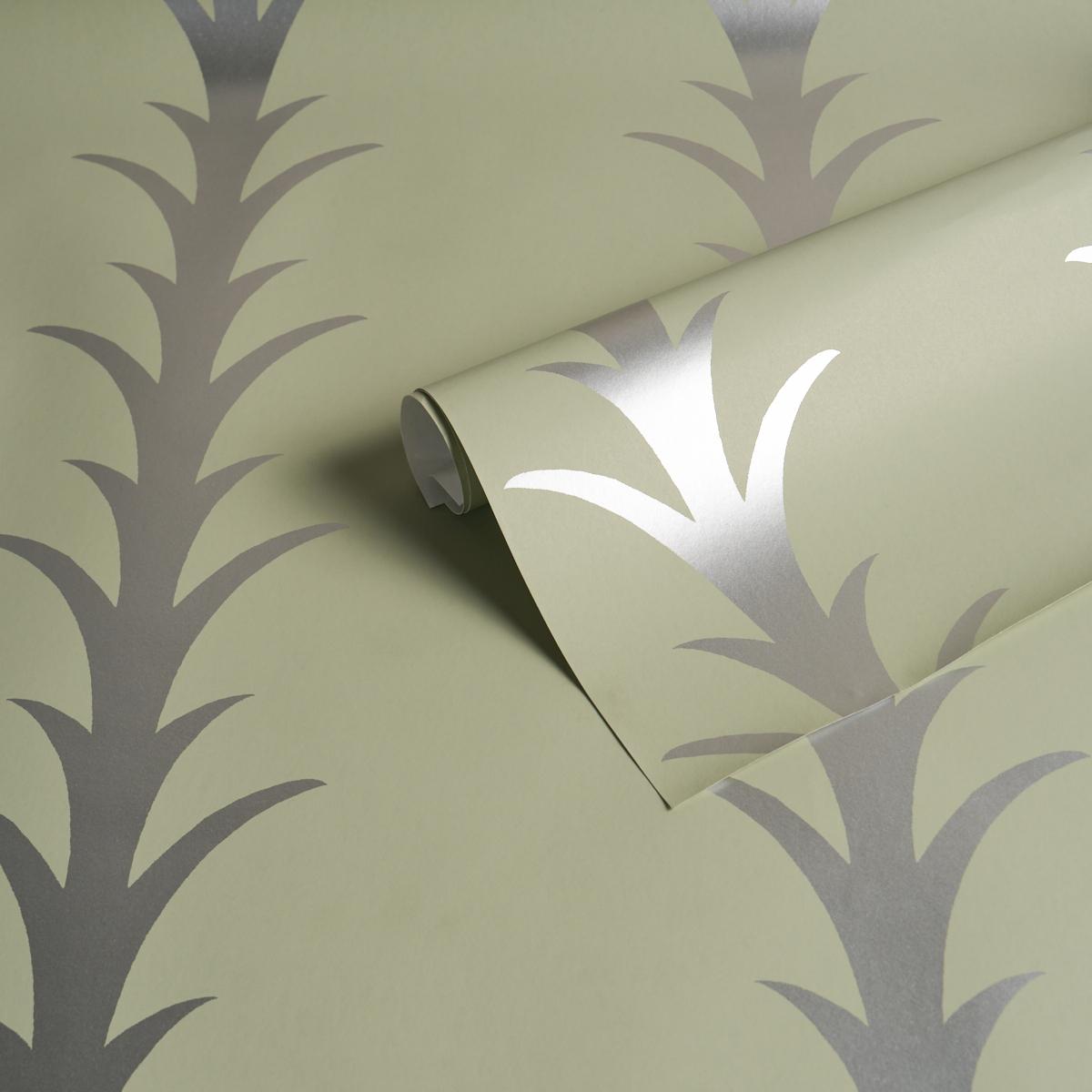 Schumacher Acanthus Stripe Metallic On Sage Wallpaper