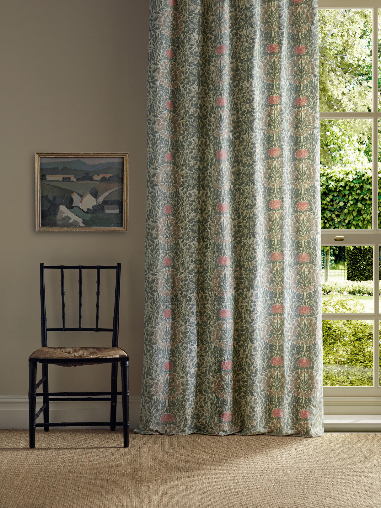 Morris & Co Daisy & Oak Warp Print Forest/Rose Fabric