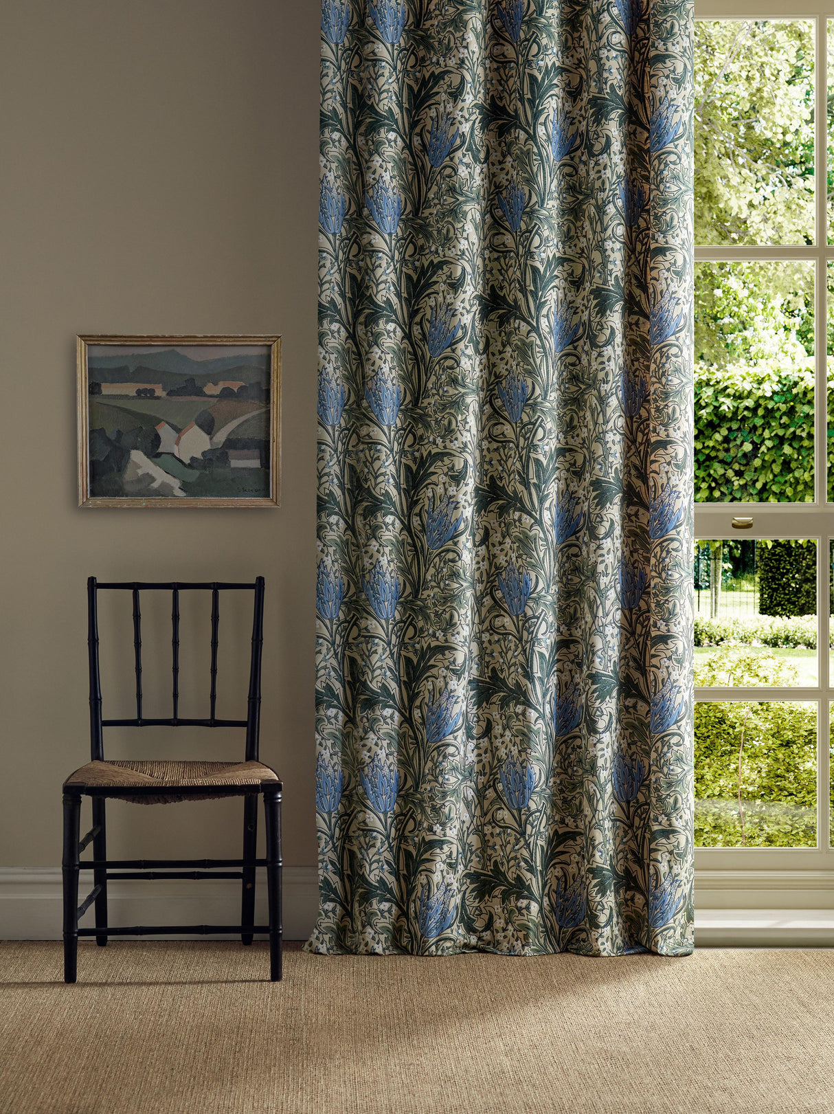 Morris & Co Lent Lily Embroidery Forest/Cornflower Blue Fabric