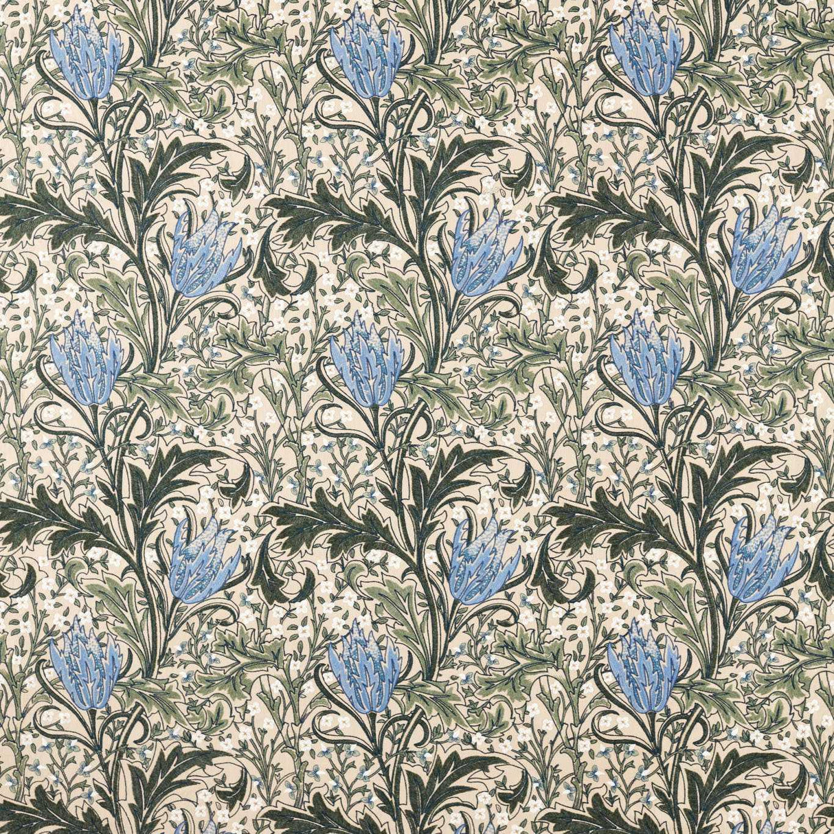 Morris & Co Lent Lily Embroidery Forest/Cornflower Blue Fabric