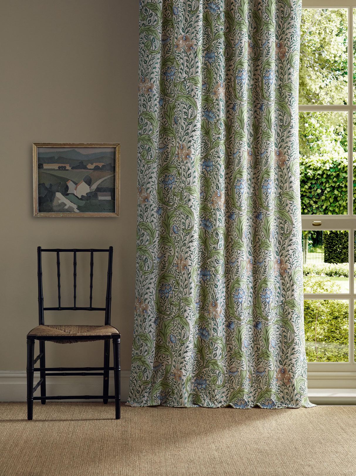 Morris & Co Wild Tulip & Vine Embroidery Nettle / Woad Fabric
