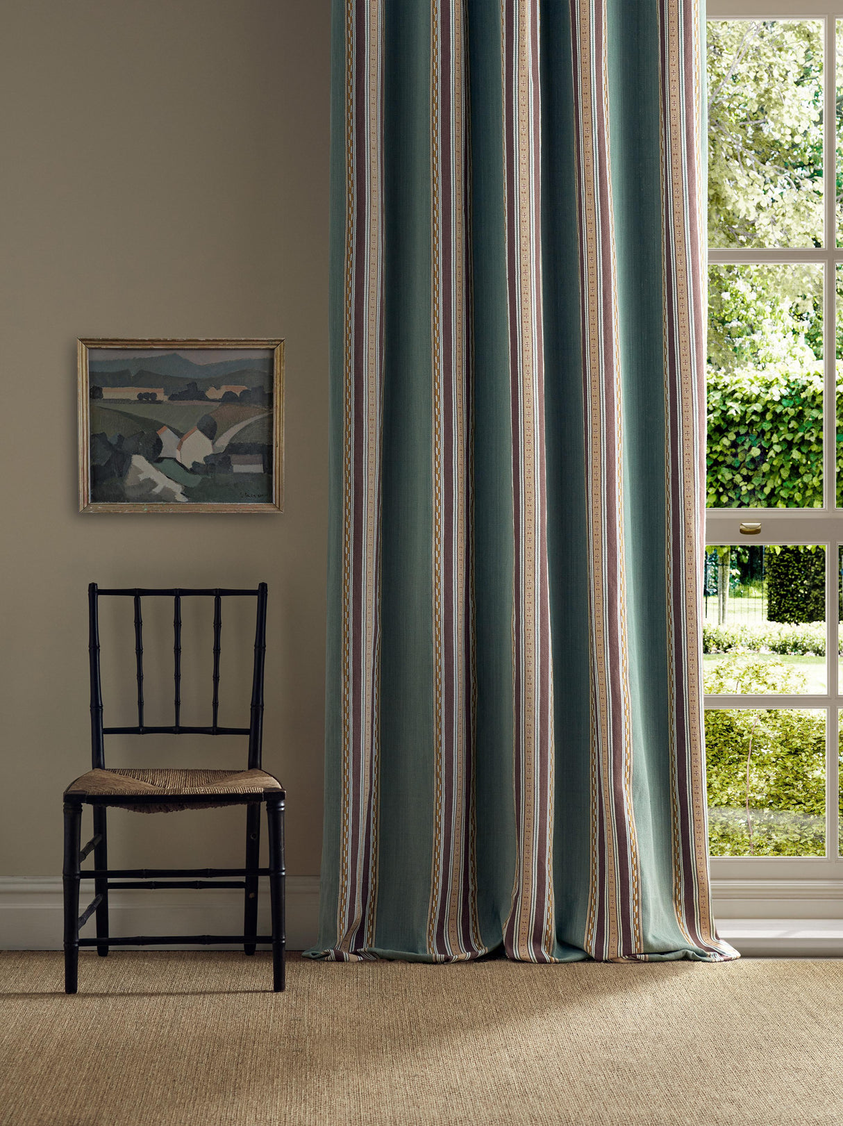 Morris & Co Pimlico Stripe Teal/Mulberry Fabric