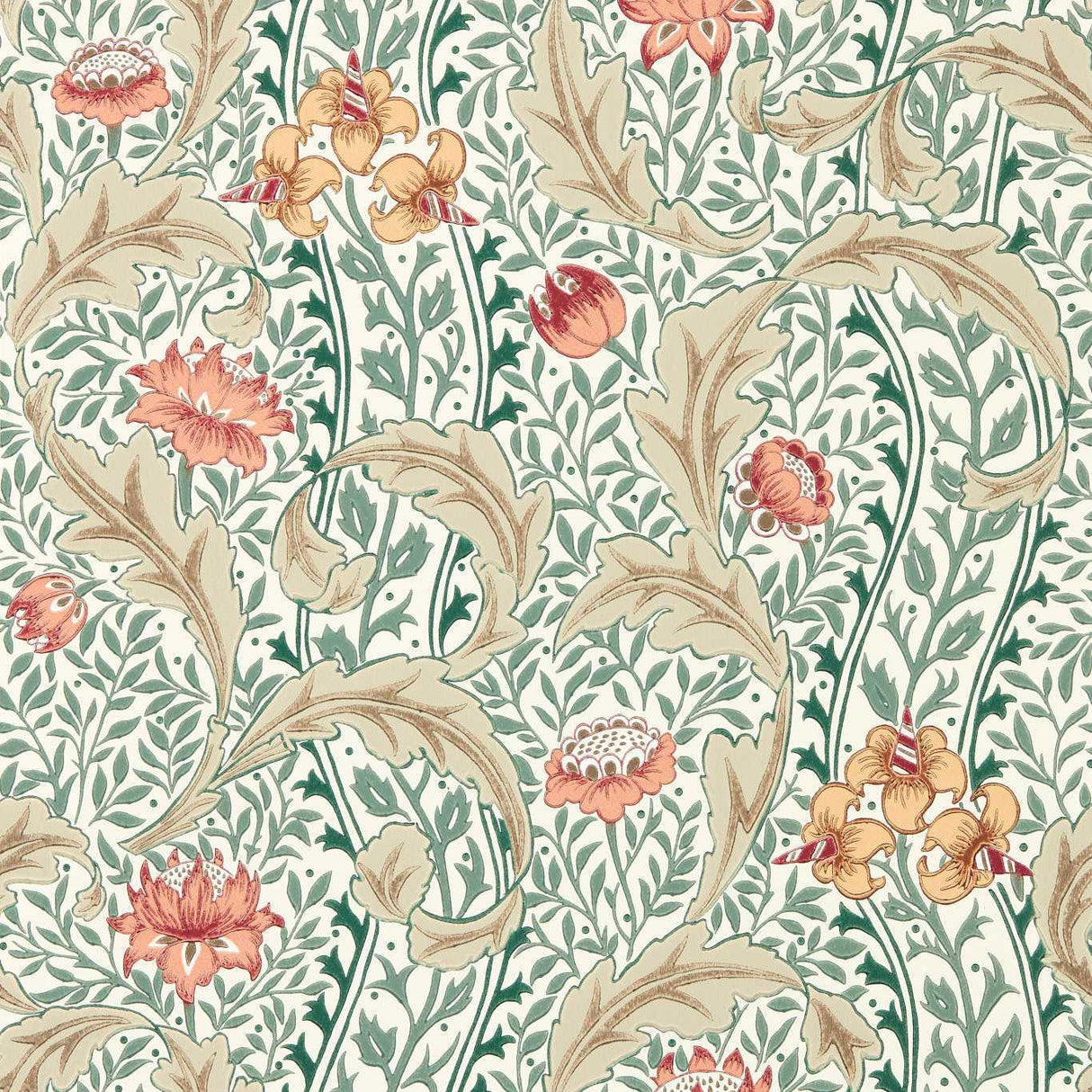 Morris & Co Wild Tulip & Vine Coral/Teal Wallpaper