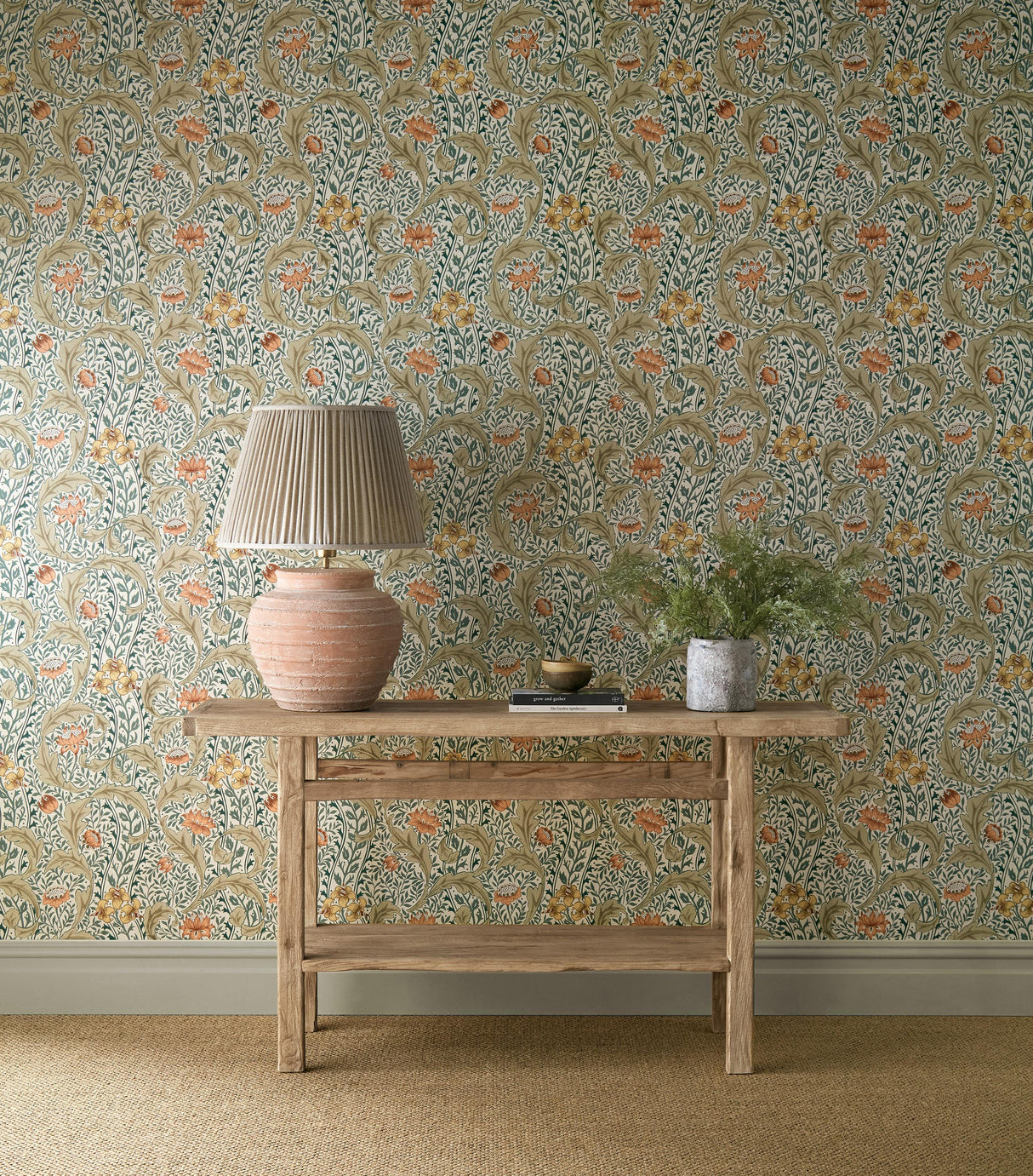 Morris & Co Wild Tulip & Vine Coral/Teal Wallpaper