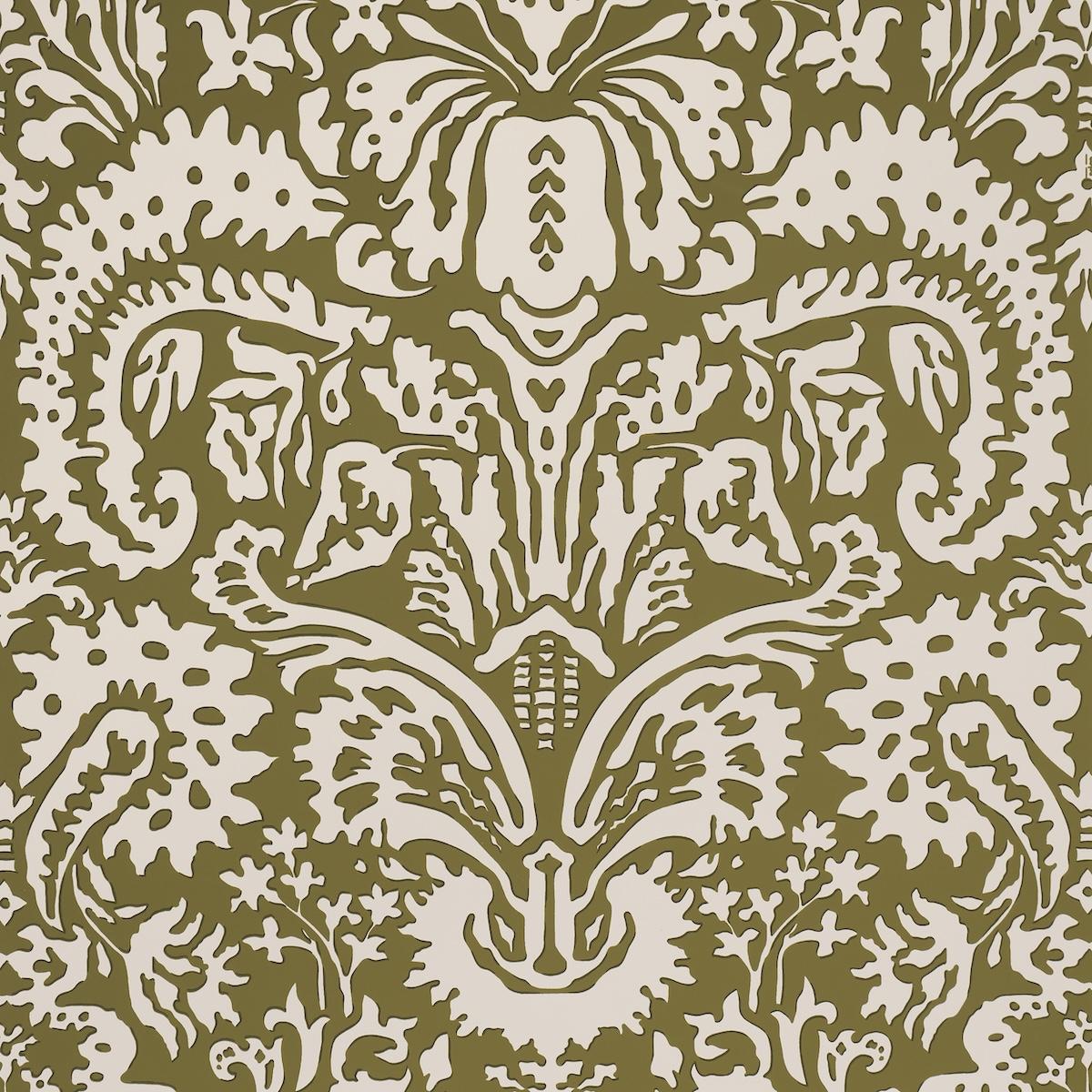 Schumacher Suffolk Damask Olive Wallpaper