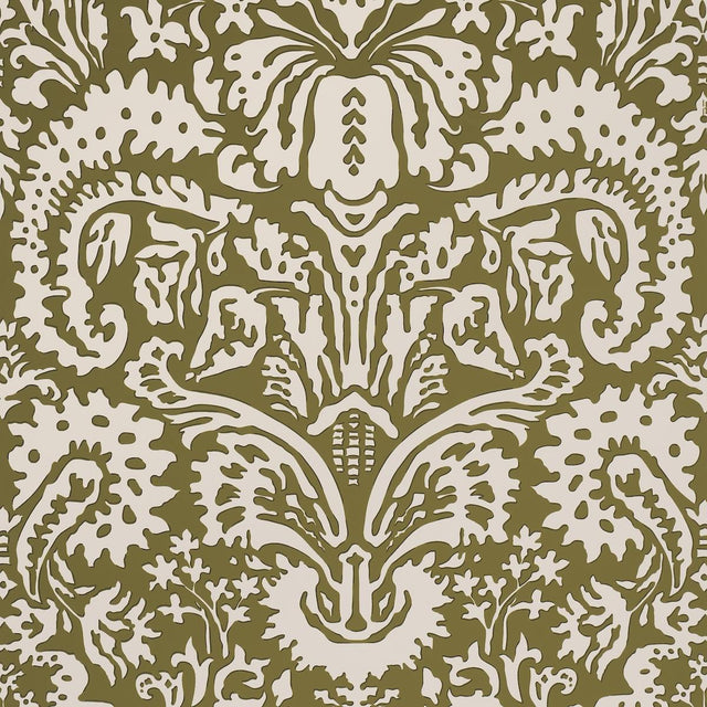 Schumacher Suffolk Damask Olive Wallpaper