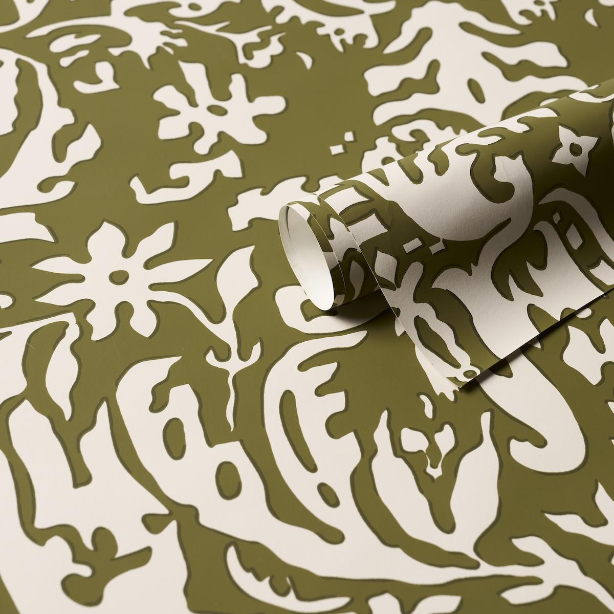 Schumacher Suffolk Damask Olive Wallpaper