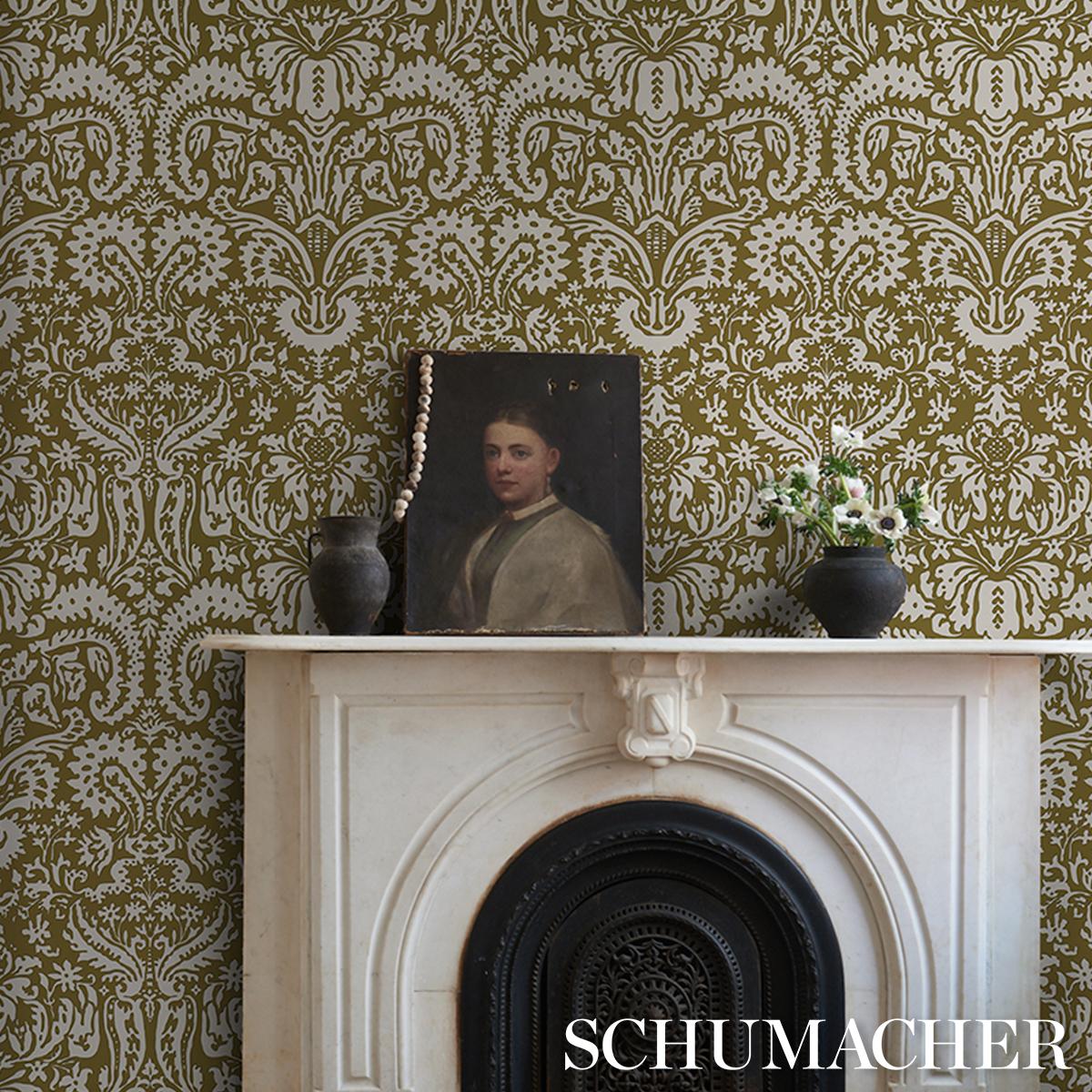 Schumacher Suffolk Damask Olive Wallpaper