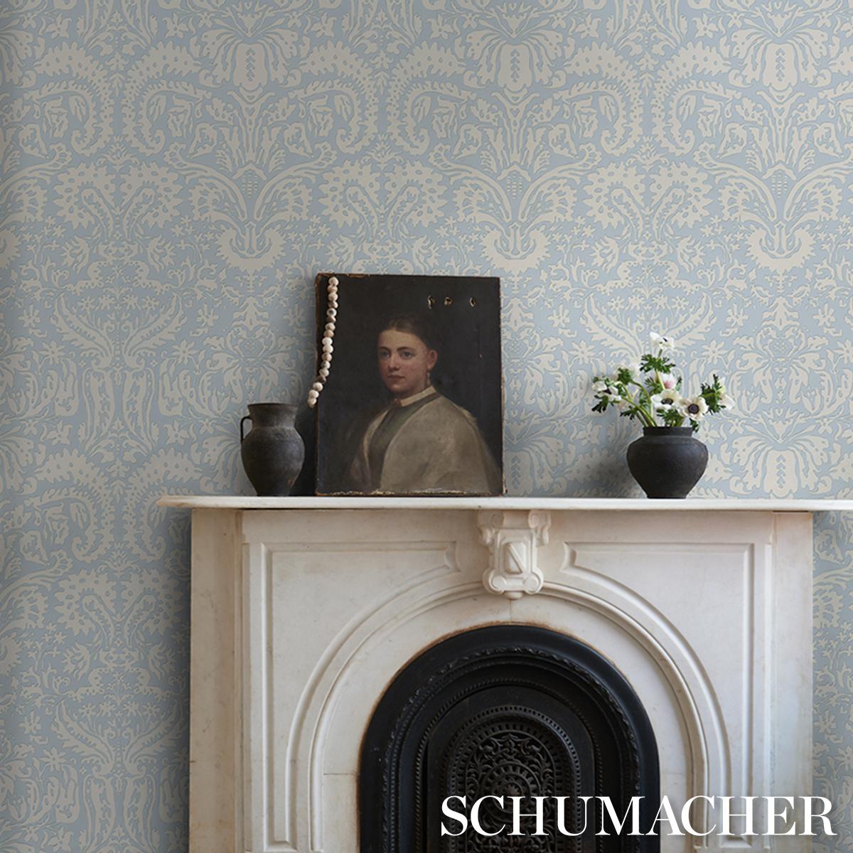 Schumacher Suffolk Damask Blue Wallpaper