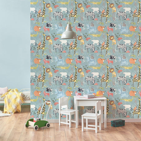 Brewster Home Fashions Advantage World of Imagination Safari Animals Blue Wallpaper