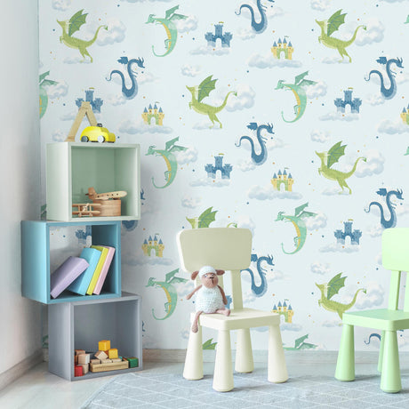 Brewster Home Fashions Advantage World of Imagination Magical Dragons Blue Wallpaper