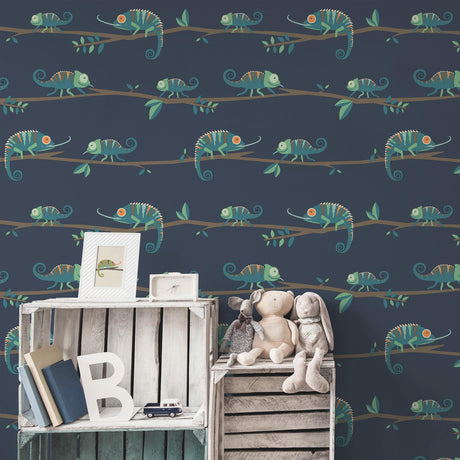 Brewster Home Fashions Advantage World of Imagination Chameleon Family Navy Wallpaper