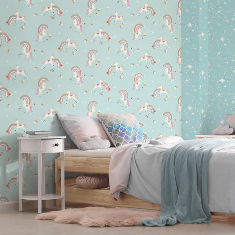 Brewster Home Fashions Advantage World of Imagination Rainbow Unicorn Blue Wallpaper