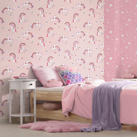 Brewster Home Fashions Advantage World of Imagination Rainbow Unicorn Pink Wallpaper