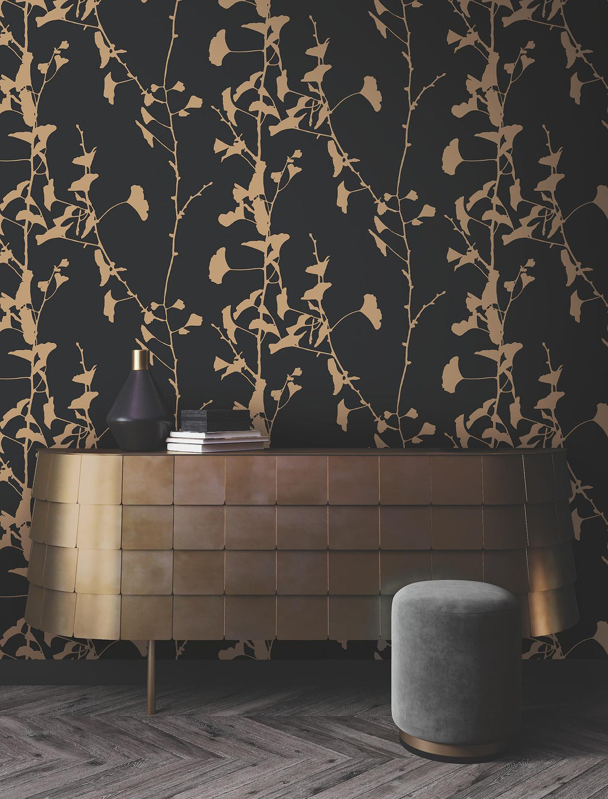 Ronald Redding Designs Ginkgo Silhouette Black & Gold Wallpaper