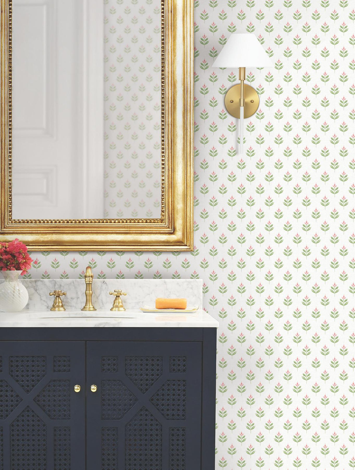 Antonina Vella Serene Villa Pink Floral Stamp Wallpaper