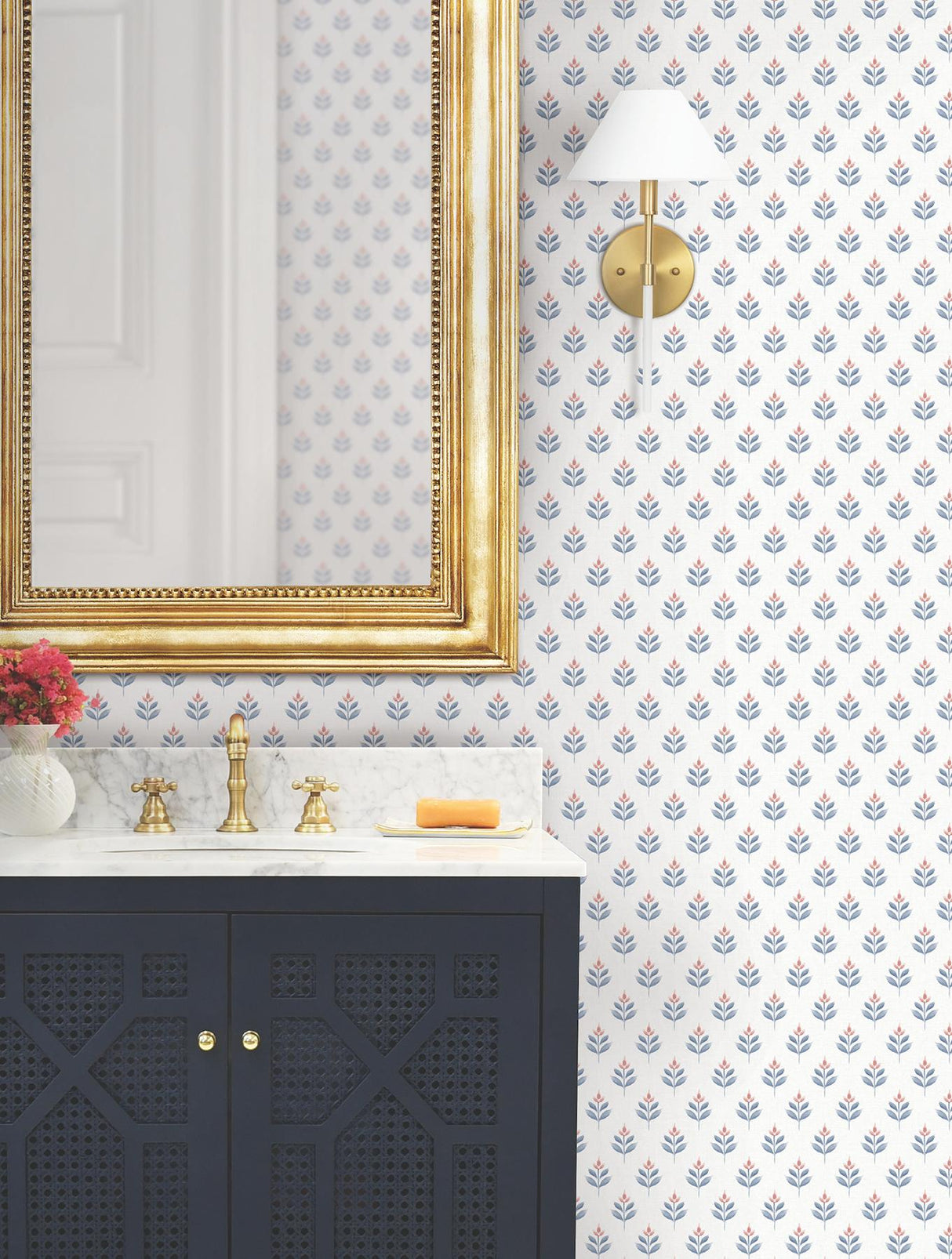 Antonina Vella Serene Villa Red Floral Stamp Wallpaper