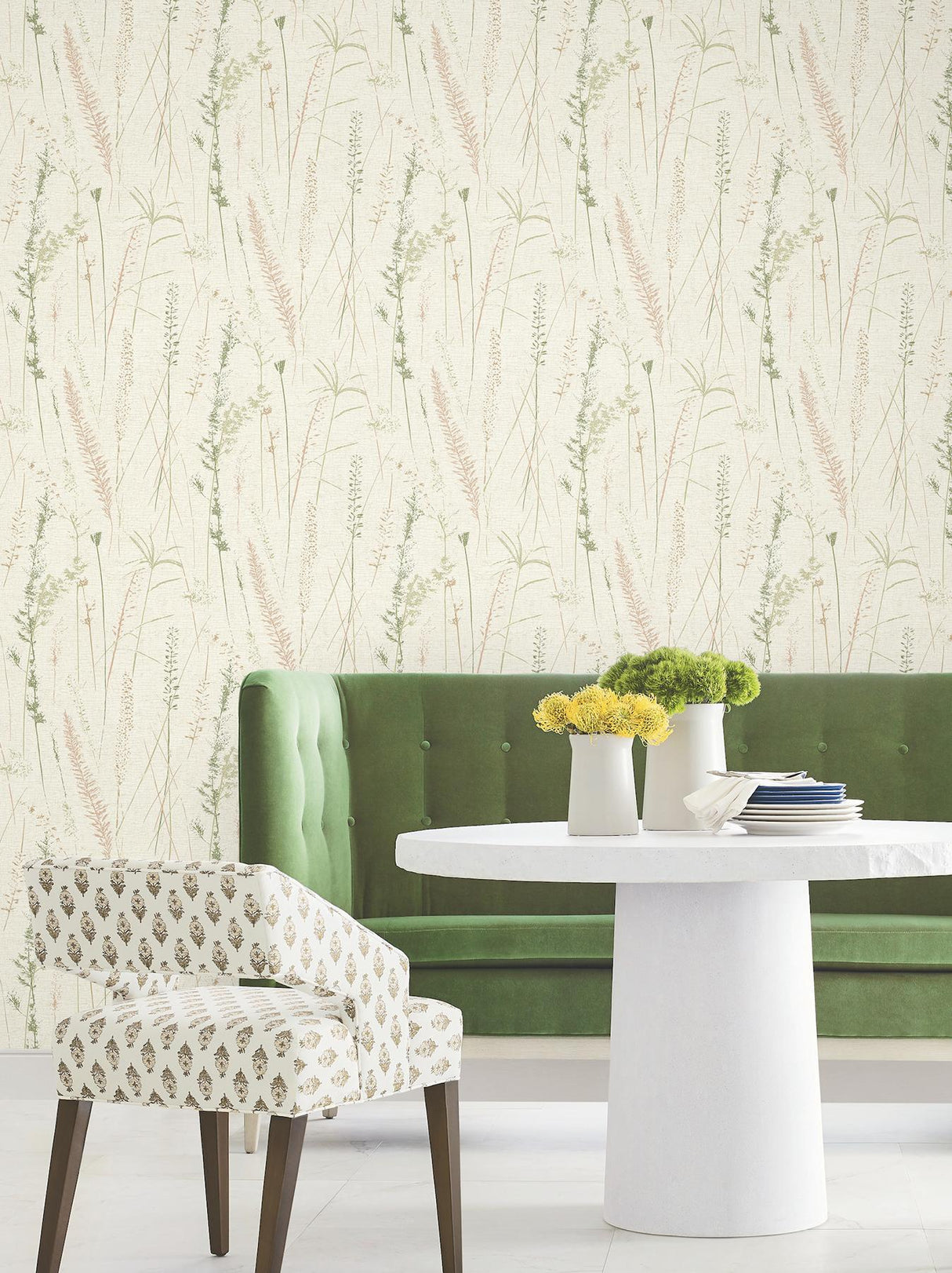 Antonina Vella Meadow Splendor Salmon Botanical Wallpaper